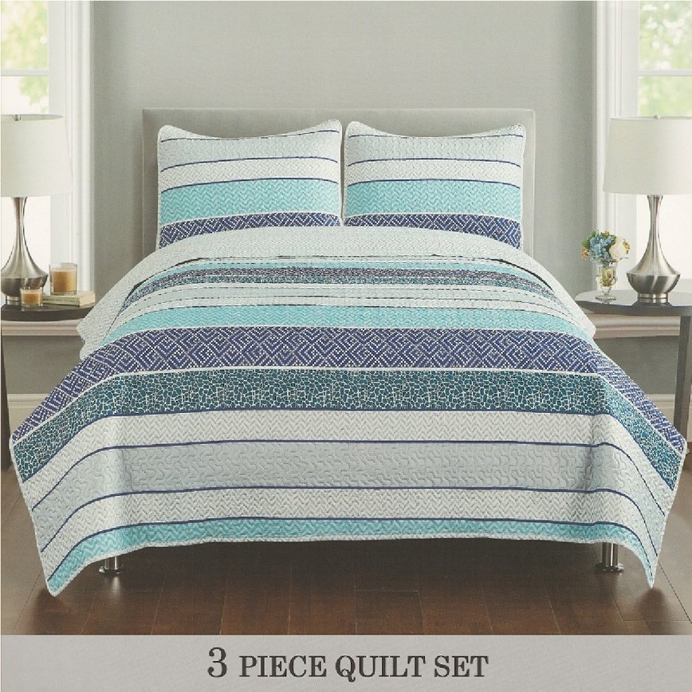 3 Piece Quilted Bedspread Set - White Blue Green Gray Stripes Full/Queen & King